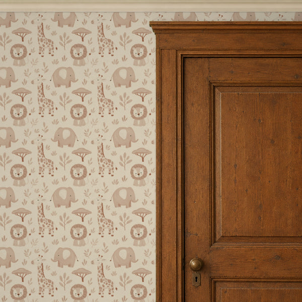 Sloe Blush peel and stick wallpaper beside a wood door