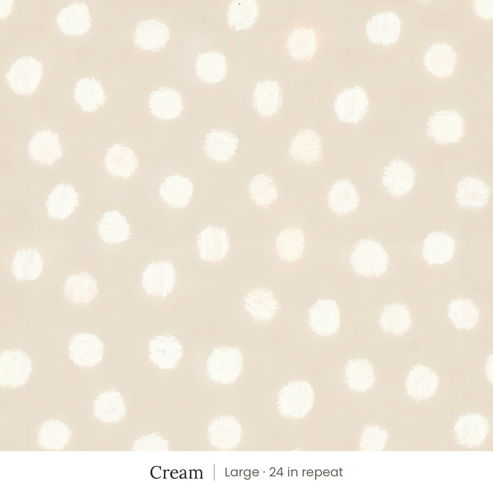Nellie Cream peel and stick wallpaper, large 24 in repeat, in a bathroom with a clawfoot tub and open shelves
