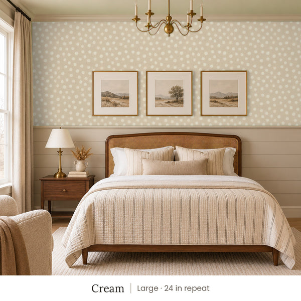 Nellie Cream peel and stick wallpaper, large 24 in repeat, in a bedroom with shiplap paneling and a cane headboard