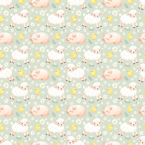 Night Night wallpaper in Sage, sleeping piglets, lambs and chicks among daisies on a sage green ground