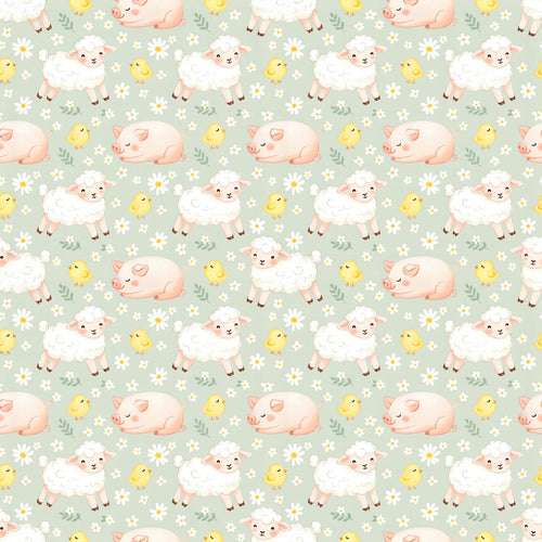 Night Night wallpaper in Sage, sleeping piglets, lambs and chicks among daisies on a sage green ground