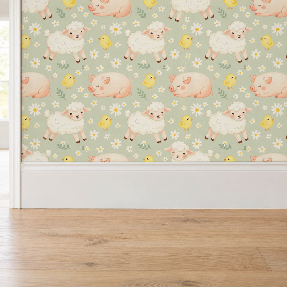 Night Night Sage peel and stick wallpaper above a white baseboard and oak floor