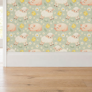 Night Night Sage peel and stick wallpaper above a white baseboard and oak floor