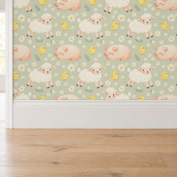 Night Night Sage peel and stick wallpaper above a white baseboard and oak floor