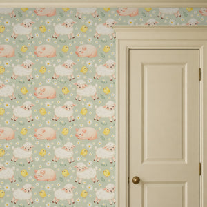 Night Night Sage peel and stick wallpaper beside a cream paneled door