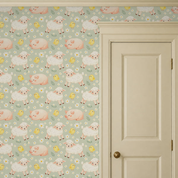 Night Night Sage peel and stick wallpaper beside a cream paneled door