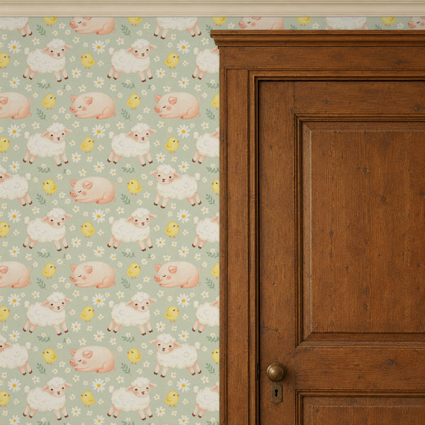 Night Night Sage peel and stick wallpaper beside a wood door