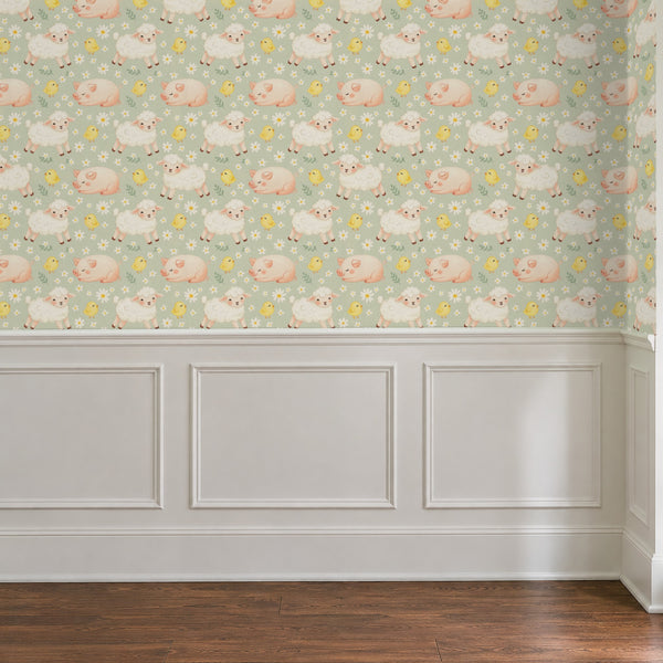 Night Night Sage peel and stick wallpaper above white panel wainscoting
