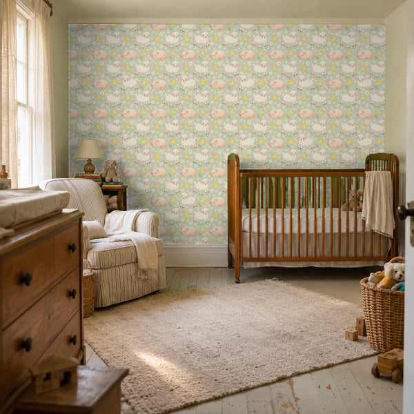 Night Night Sage peel and stick wallpaper in a nursery with a wood crib and an armchair