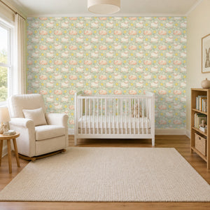 Night Night Sage peel and stick wallpaper in a nursery with a white crib and a rocking chair