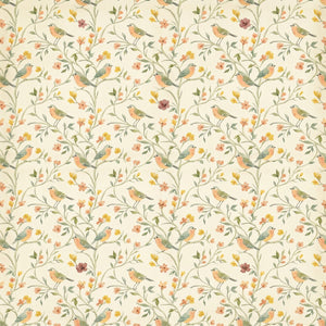 Mill wallpaper in Cream, songbirds on trailing vines with peach and yellow blossoms on a cream ground