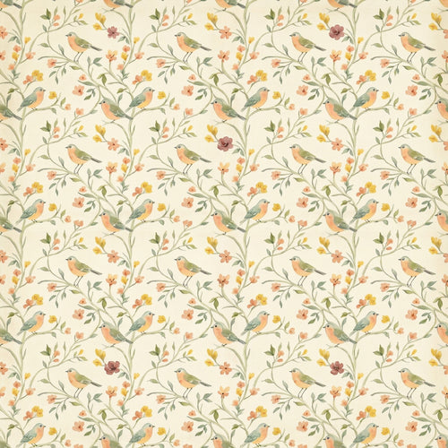 Mill wallpaper in Cream, songbirds on trailing vines with peach and yellow blossoms on a cream ground