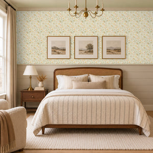 Mill Cream peel and stick wallpaper in a bedroom with shiplap paneling and a cane headboard