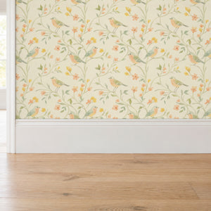 Mill Cream peel and stick wallpaper above a white baseboard and oak floor