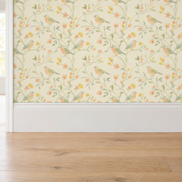 Mill Cream peel and stick wallpaper above a white baseboard and oak floor
