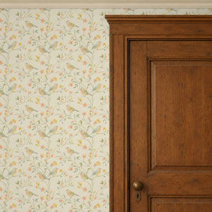 Mill Cream peel and stick wallpaper beside a wood door