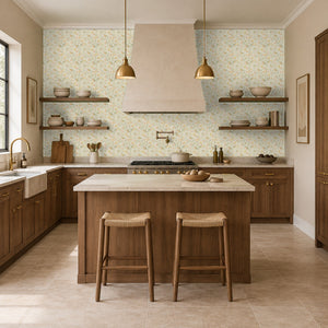 Mill Cream peel and stick wallpaper in a kitchen with a wood island and a range hood