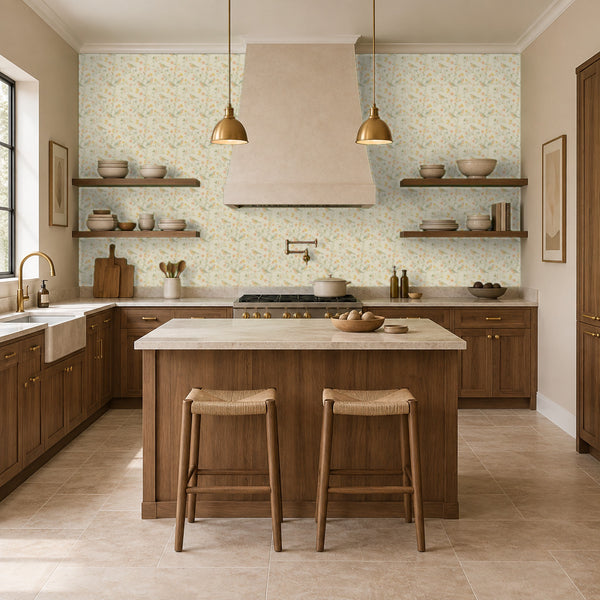 Mill Cream peel and stick wallpaper in a kitchen with a wood island and a range hood