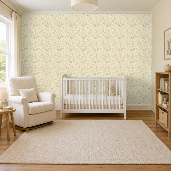 Mill Cream peel and stick wallpaper in a nursery with a white crib and a rocking chair