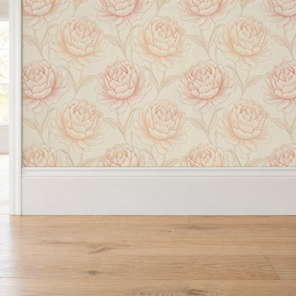 Rosie Blush peel and stick wallpaper above a white baseboard and oak floor