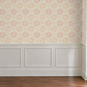 Rosie Blush peel and stick wallpaper above white panel wainscoting
