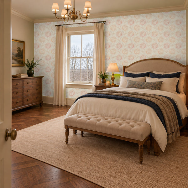 Rosie Blush peel and stick wallpaper in a bedroom with an upholstered bed and a tufted bench