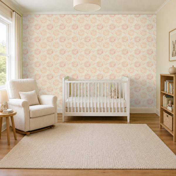 Rosie Blush peel and stick wallpaper in a nursery with a white crib and a rocking chair