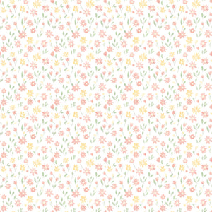 Marguerite wallpaper in Cream, small pink, coral and yellow painted flowers on a cream ground