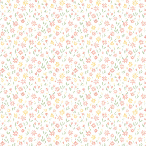 Marguerite wallpaper in Cream, small pink, coral and yellow painted flowers on a cream ground