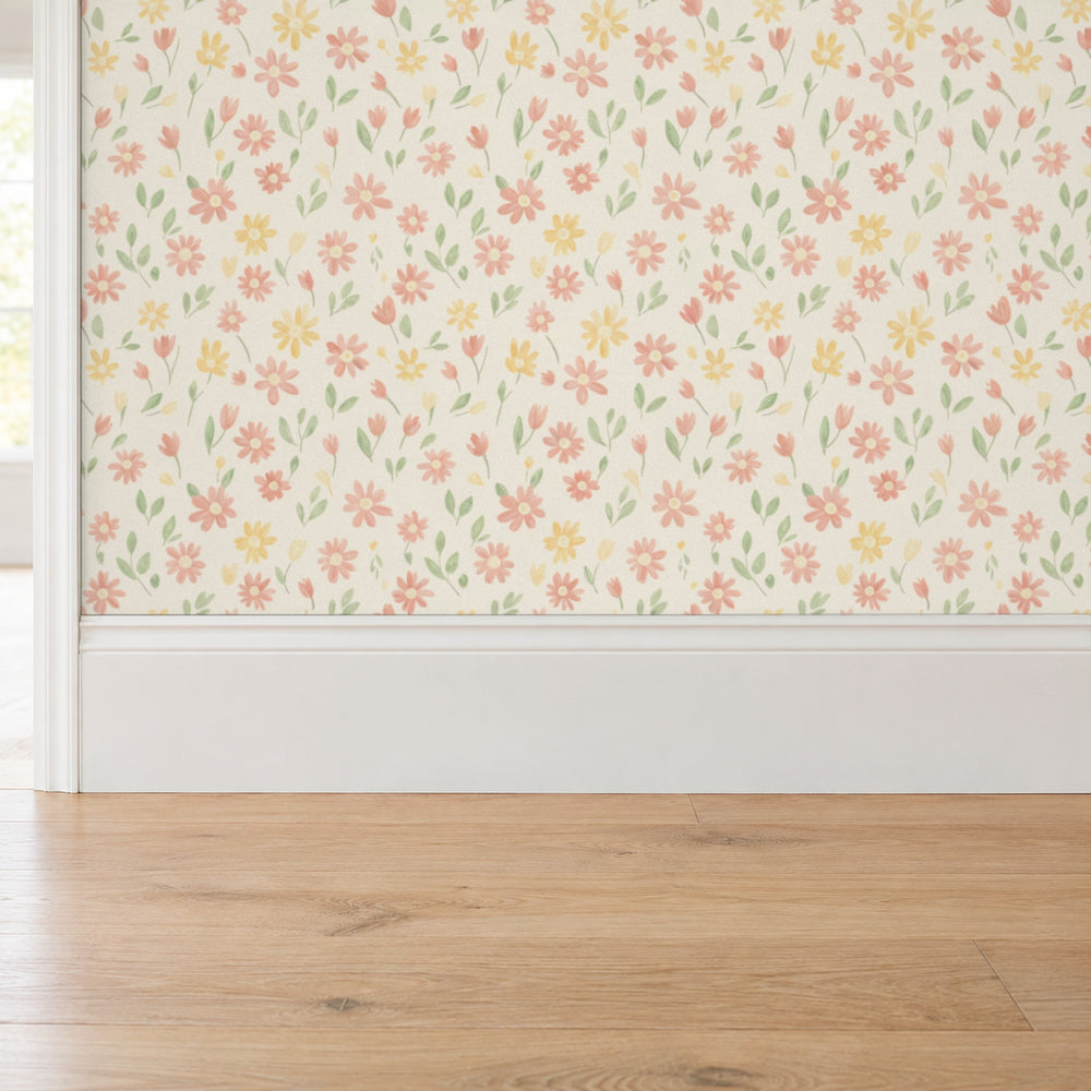Marguerite Cream peel and stick wallpaper above a white baseboard and oak floor