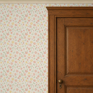 Marguerite Cream peel and stick wallpaper beside a dark wood panel door