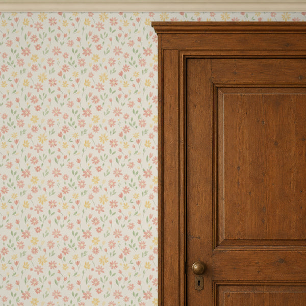 Marguerite Cream peel and stick wallpaper beside a dark wood panel door