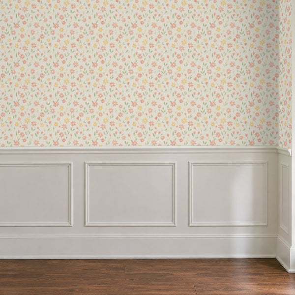 Marguerite Cream peel and stick wallpaper above white panel wainscoting