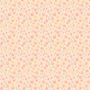 Marguerite wallpaper in Apricot, coral, pink and yellow painted flowers on an apricot ground