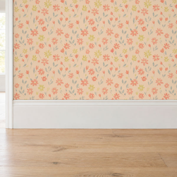 Marguerite Apricot peel and stick wallpaper above a white baseboard and oak floor