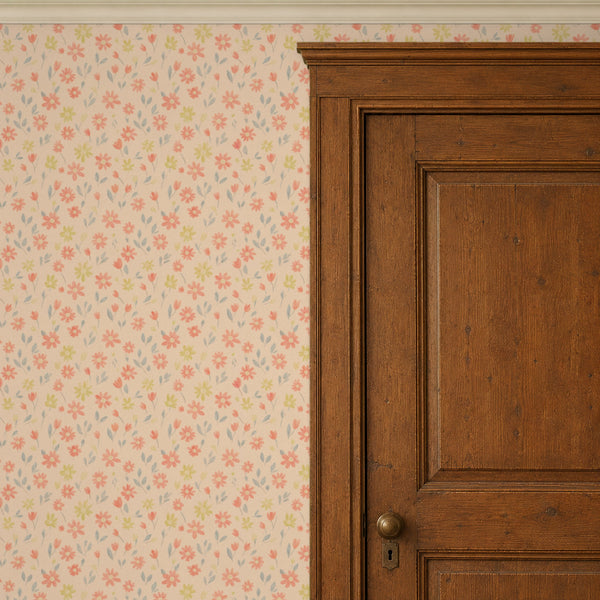 Marguerite Apricot peel and stick wallpaper beside a dark wood panel door