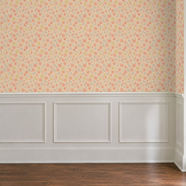 Marguerite Apricot peel and stick wallpaper above white panel wainscoting