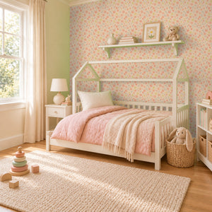 Marguerite Apricot peel and stick wallpaper in a girl's bedroom with a white house bed and a pink quilt