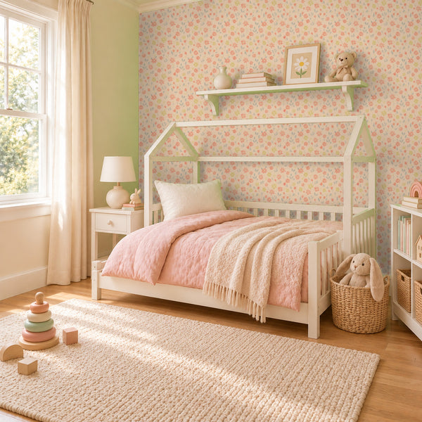 Marguerite Apricot peel and stick wallpaper in a girl's bedroom with a white house bed and a pink quilt