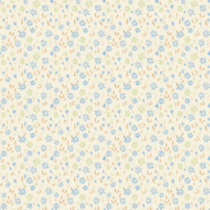 Marguerite wallpaper in Cornflower, blue and yellow painted flowers on a butter cream ground