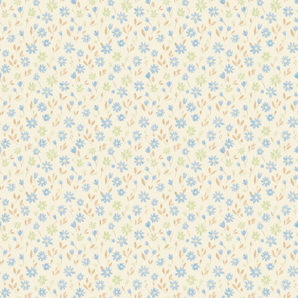 Marguerite wallpaper in Cornflower, blue and yellow painted flowers on a butter cream ground