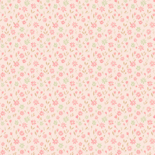 Marguerite wallpaper in Rosebud, pink and coral painted flowers on a rose pink ground