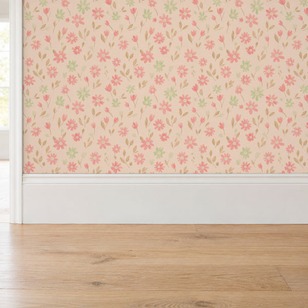 Marguerite Rosebud peel and stick wallpaper above a white baseboard and oak floor
