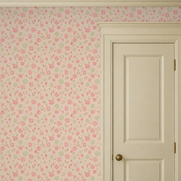 Marguerite Rosebud peel and stick wallpaper beside a cream panel door