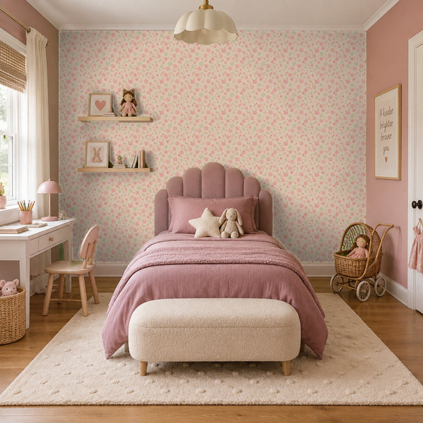 Marguerite Rosebud peel and stick wallpaper in a girl's bedroom with a pink scalloped bed and a small desk