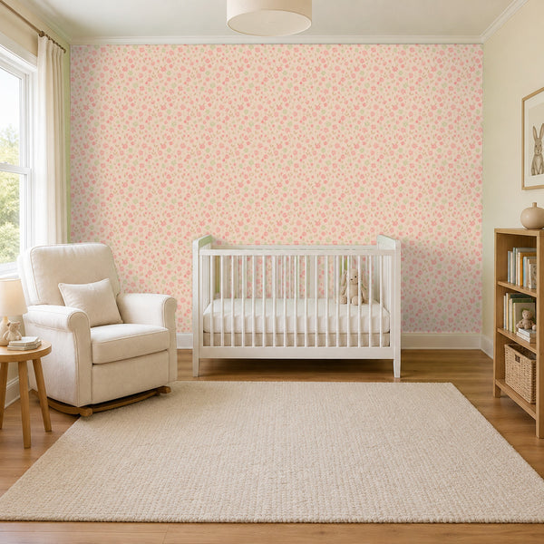 Marguerite Rosebud peel and stick wallpaper in a nursery with a white crib and an armchair