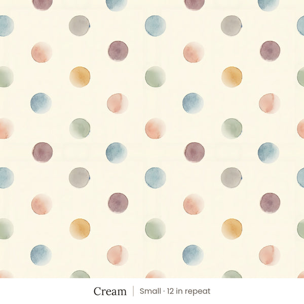 Celia wallpaper in Cream, small 12 in repeat, watercolor dots in blue, rose, sage and gold on a cream ground
