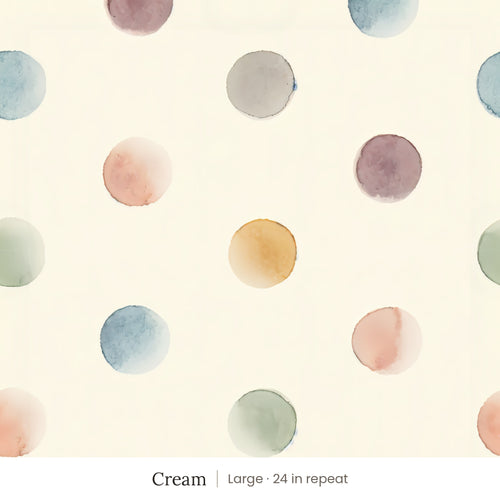 Celia wallpaper in Cream, large 24 in repeat, watercolor dots in blue, rose, sage and gold on a cream ground