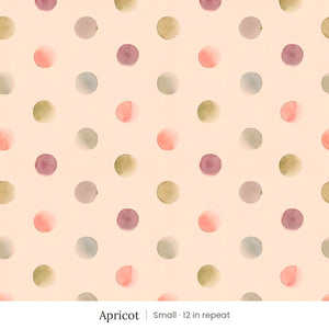 Celia wallpaper in Apricot, small 12 in repeat, watercolor dots in rose, plum, sage and gold on an apricot ground