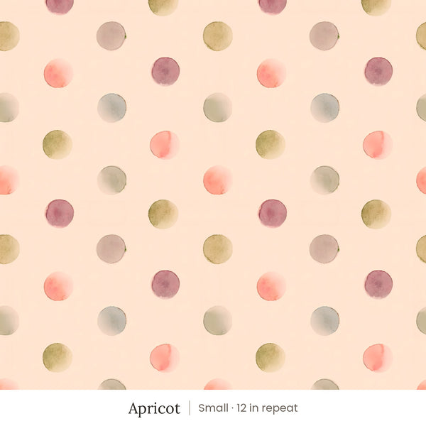 Celia wallpaper in Apricot, small 12 in repeat, watercolor dots in rose, plum, sage and gold on an apricot ground